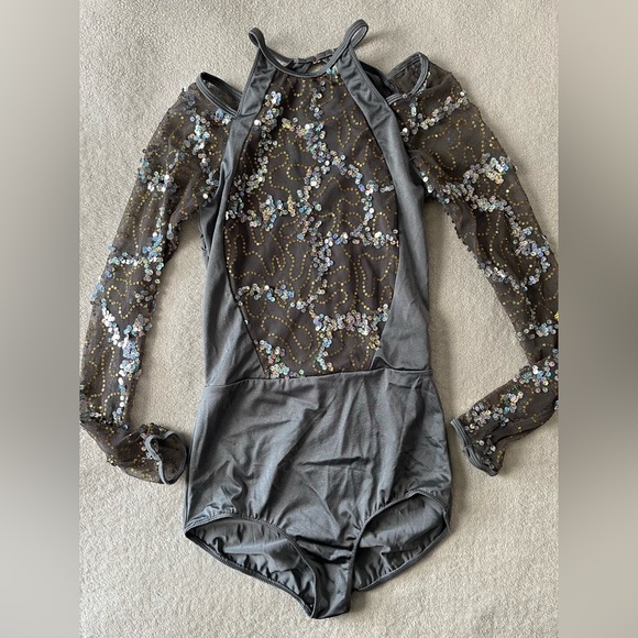 Revolution Dance Leotard Gray Silver Sequin, Adult Medium - Picture 1 of 12